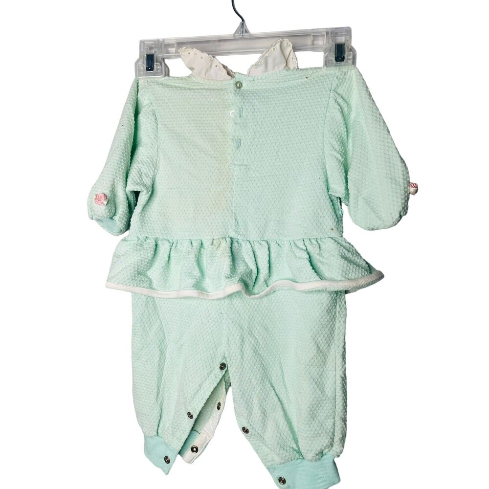 VTG DOE-SPUN BABY 6-9 months teal & white knit outfit flowers eyelet - Picture 2 of 5